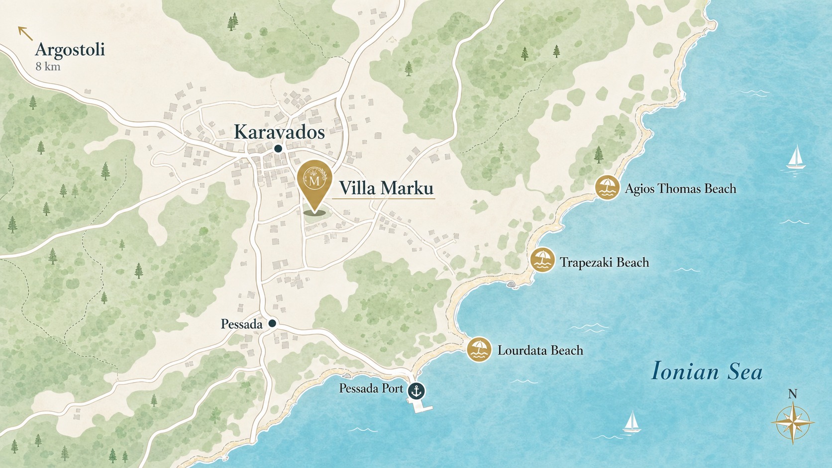 Illustrated map of Villa Marku in Karavados with nearby beaches