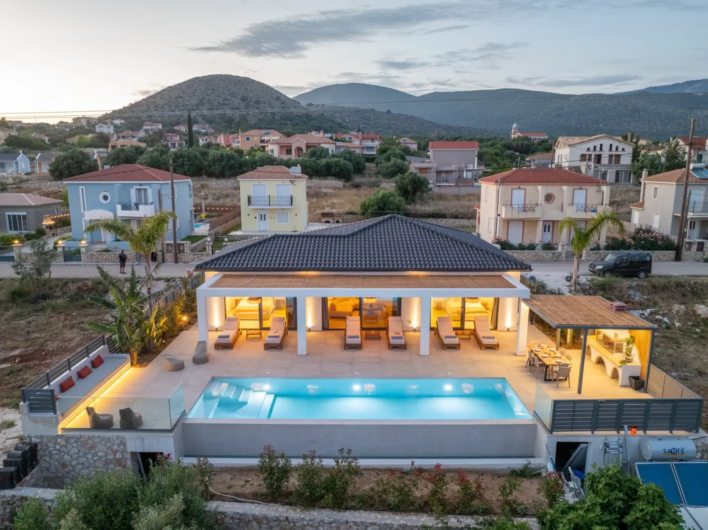 Evening aerial view around Villa Marku in Karavados